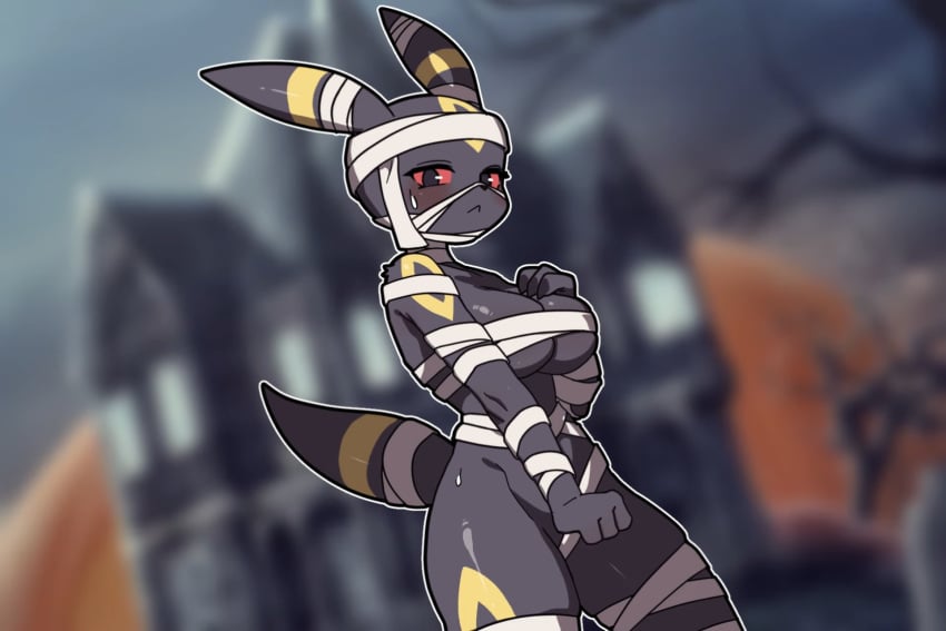 black_claws black_fingernails black_fur blush blush breast_press breasts color hakkimanime half_dressed half_naked halloween halloween_costume looking_at_viewer mummy_costume mummy_wrappings pokemon pokemon_(species) umbreon