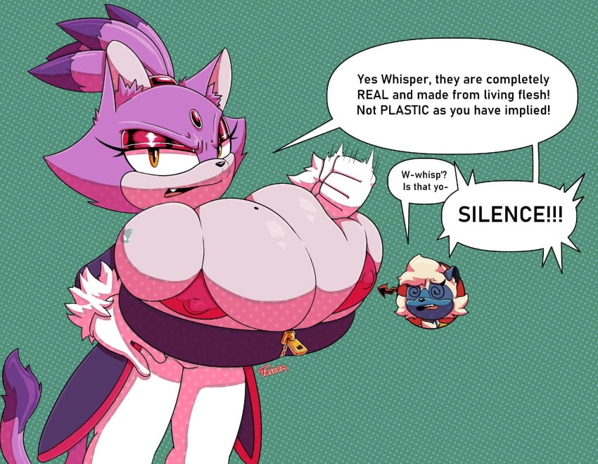 absorption_vore after_vore anthro big_breasts blaze_the_cat breast_vore breasts dialogue duo female female/female hi_res huge_breasts hyper hyper_breasts idw_publishing nipple_outline sega sonic_(series) sonic_the_hedgehog_(comics) sonic_the_hedgehog_(idw) sonic_the_hedgehog_(series) speech_bubble tangle_the_lemur tascom tattooification vore