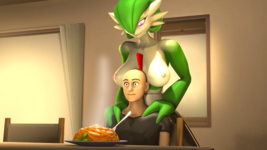 3d anon behind_another breasts breasts_out devioussfm food gardevoir lustful_gaze nervous nervous_face nintendo pokemon resting_breasts shoulder_grab smile source_filmmaker spaghetti suprised