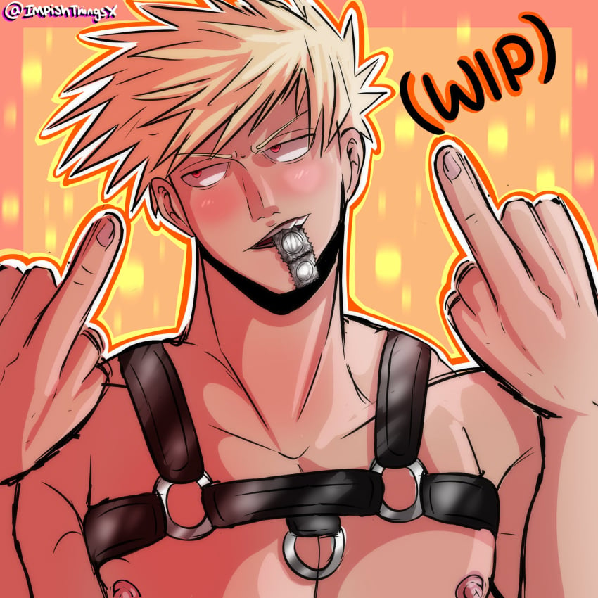 angry bakugou_katsuki bondage chest_harness condom condom_in_mouth condom_wrapper gay my_hero_academia nipples pecs pectoral_bulge pectorals teasing