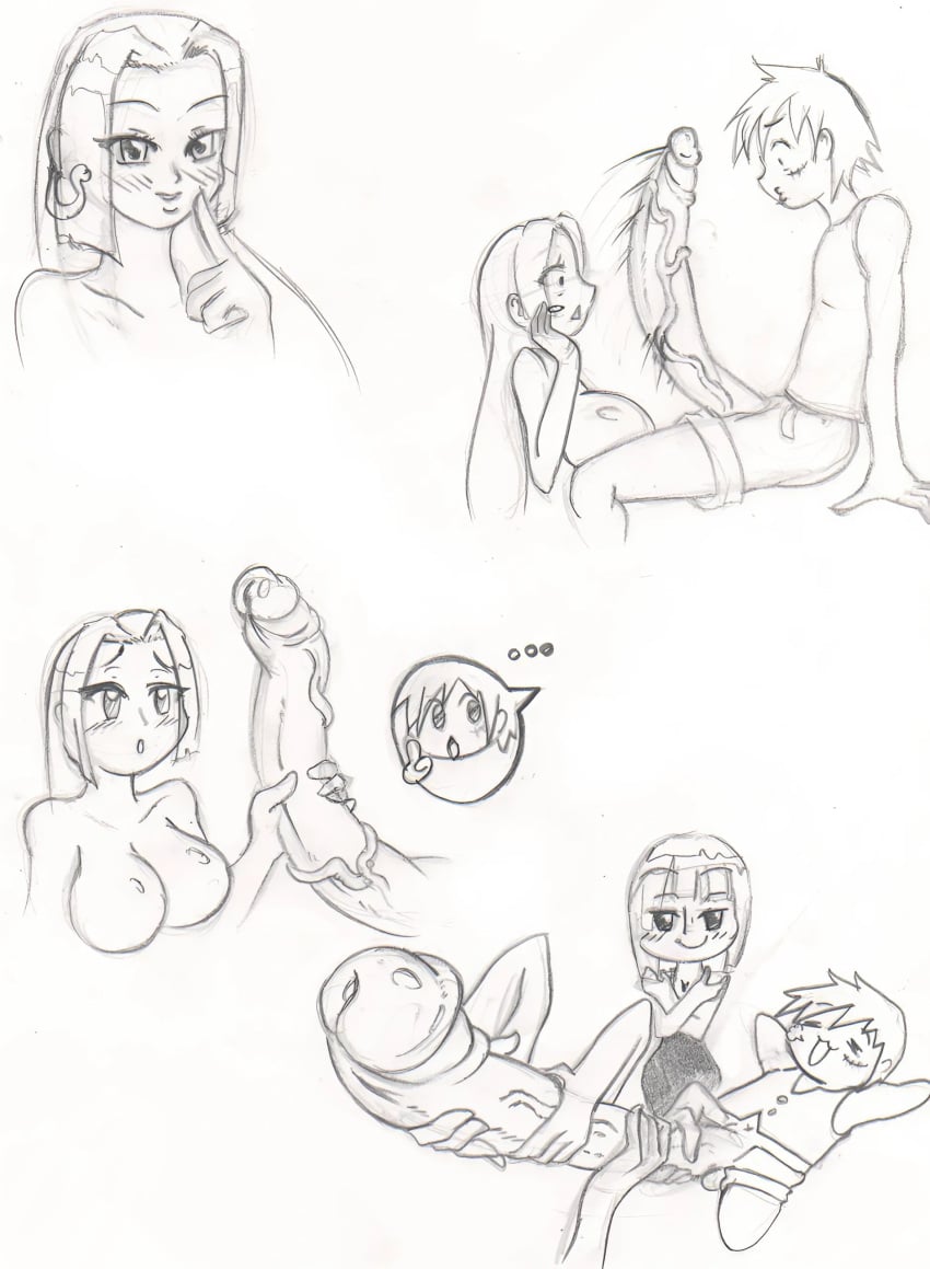 1boy 2girls 2girls1boy big_breasts big_penis boa_hancock female grabbing grabbing_penis hana_hana_no_mi huge_cock large_penis line_art male masturbation monkey_d_luffy nico_robin nikoh one_piece sketch veiny_penis