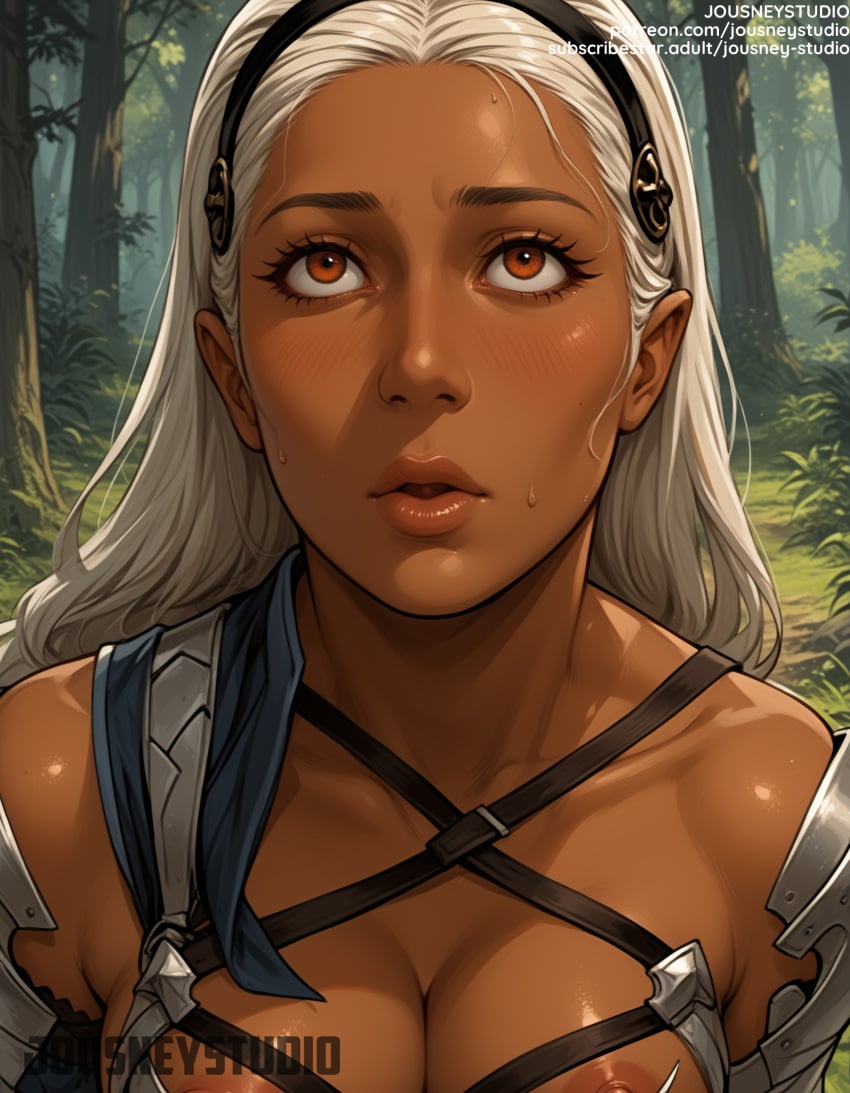 ai-created ai_generated areolae armor bangs bare_shoulders black_hair_ornament black_hairband blush breasts brown_eyes cleavage close-up clothing corrin_(female)_(fire_emblem) corrin_(fire_emblem)_(female) dark-skinned_female dark_skin female female female_only fire_emblem forehead forest hairband headwear jousneystudio large_breasts lips long_hair looking_at_viewer medium_breasts nature nipples orange_eyes original outdoors parted_lips solo sweat text tree upper_body web_address white_hair