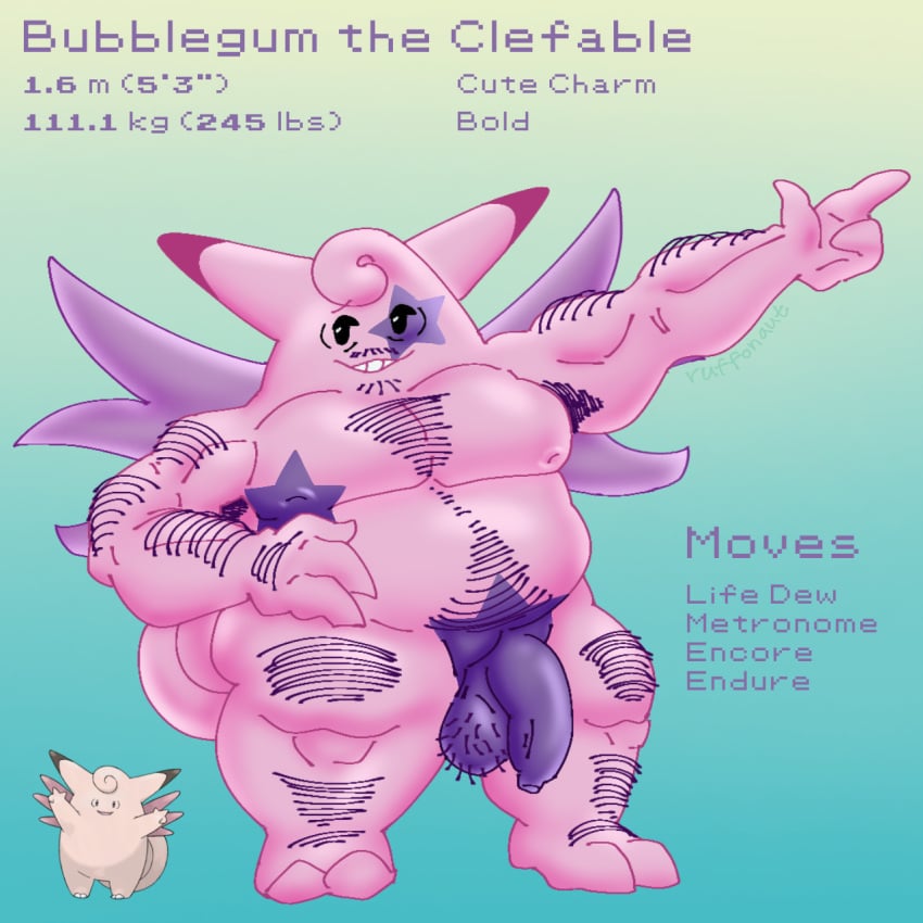 2_toes 3_fingers anthro areola armpit_hair balls barefoot belly big_penis body_hair bubblegum_the_clefable clefable digital_media_(artwork) feet fingers foreskin game_freak generation_1_pokemon genitals hi_res horn huge_cock humanoid_genitalia humanoid_penis male markings moobs multicolored_body muscular muscular_anthro muscular_male nintendo nipples nude overweight overweight_anthro overweight_male pecs penis pink_body pokemon pokemon_(species) pubes purple_body ruffonaut simple_background smile solo tail text thick_thighs toes wings