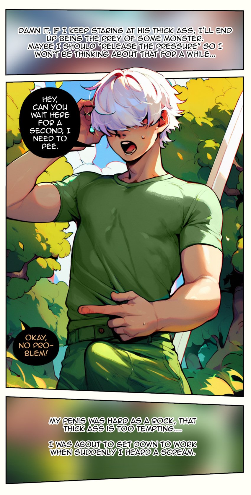 1boy ai_generated bulge comic comic_page covering_eyes english english_text erection_under_clothes hair_covering_eyes male male_only mrsadbat open_mouth outdoors page_7 pants shirt short_hair short_sleeves text text_bubble tree white_hair