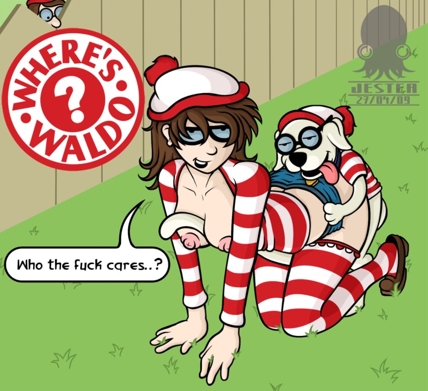 1girls 2boys all_fours blargsnarf canine glasses sex tagme waldo wenda where's_waldo woof_(where's_waldo?) zoophilia