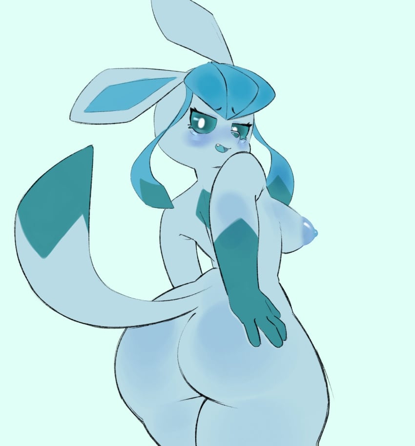 2024 4_fingers anthro areola ass big_breasts big_butt blue_areola blue_hair blue_nipples breasts eeveelution eyebrow_through_hair eyebrows eyelashes female fingers generation_4_pokemon glaceon grimy291 hair hi_res legs_together looking_at_viewer nintendo nipples non-human_areolae open_mouth open_smile pokemon pokemon_(species) rear_view short_hair simple_background smile solo standing thick_thighs translucent translucent_hair white_background wide_hips