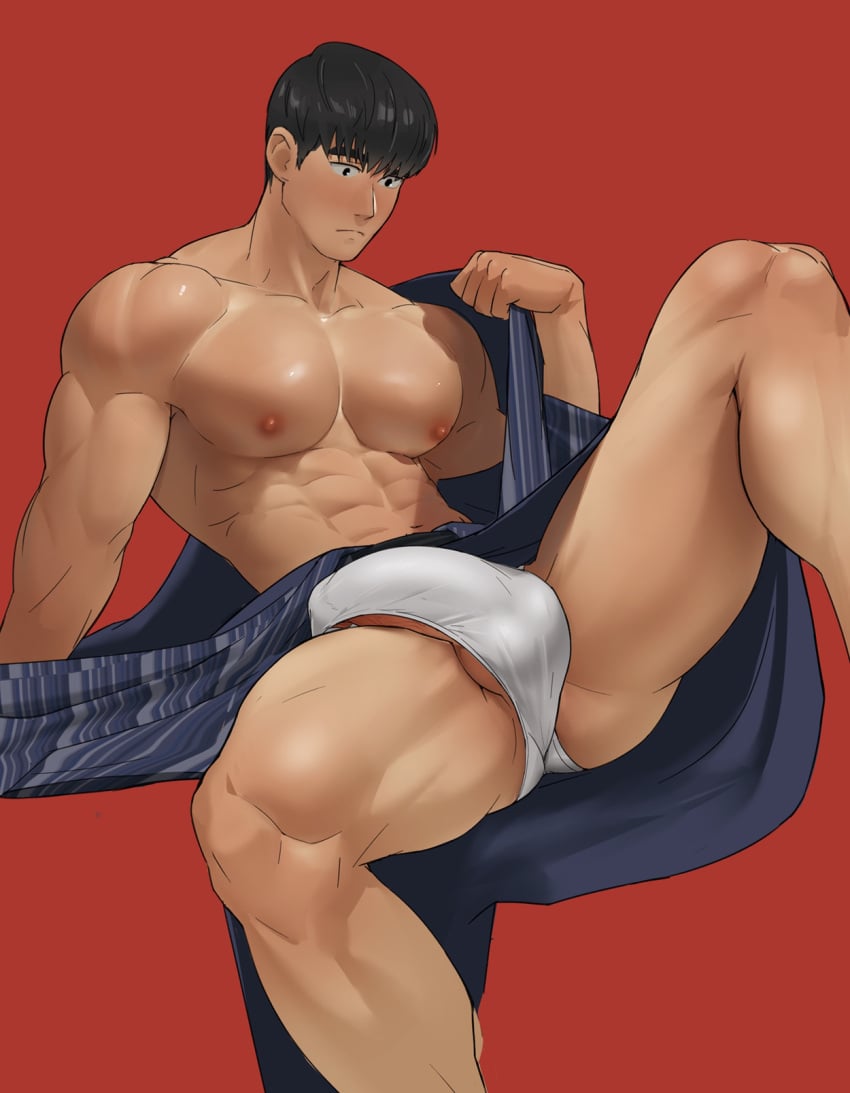 1boy abs arm_support ass_visible_through_thighs bara bare_legs bare_pectorals bare_shoulders black_hair blue_kimono blush briefs bulge collarbone commentary_request covered_penis erection erection_under_clothes facing_viewer frown hand_up highres japanese_clothes kimono knee_up large_pectorals large_penis looking_down male_focus male_underwear manboobs muscular muscular_male naoki_(xhju8282) navel nipples off_shoulder open_clothes open_kimono original pectorals penis penis_peek reclining red_background shiny_skin short_hair simple_background solo spread_legs striped_clothes striped_kimono testicle_peek thick_thighs thighs underwear undressing white_male_underwear yukata