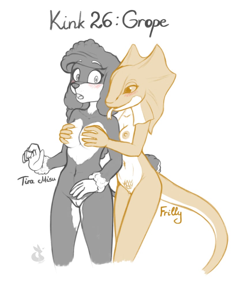 agamid anthro blush breast_fondling breast_play breasts canid canine canis digital_media_(artwork) domestic_dog duo embarrassed female female/female fondling frilled_lizard frilly_(empress_of_ireland) fur genitals grope hair hand_bra hand_on_breast hi_res kinktober landing_strip lizard mammal mancoin navel nipples nude open_mouth poodle pussy reptile scalie signature simple_background small_breasts surprised_expression tail tongue