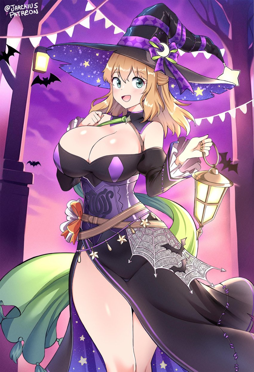 1girls big_breasts blonde_hair blush breasts cleavage clothed clothing corrin_(female)_(halloween)_(fire_emblem) female female_only fiora_(xenoblade) fire_emblem_fates fire_emblem_heroes green_eyes halloween_costume jarckius tagme witch_costume xenoblade_(series) xenoblade_chronicles