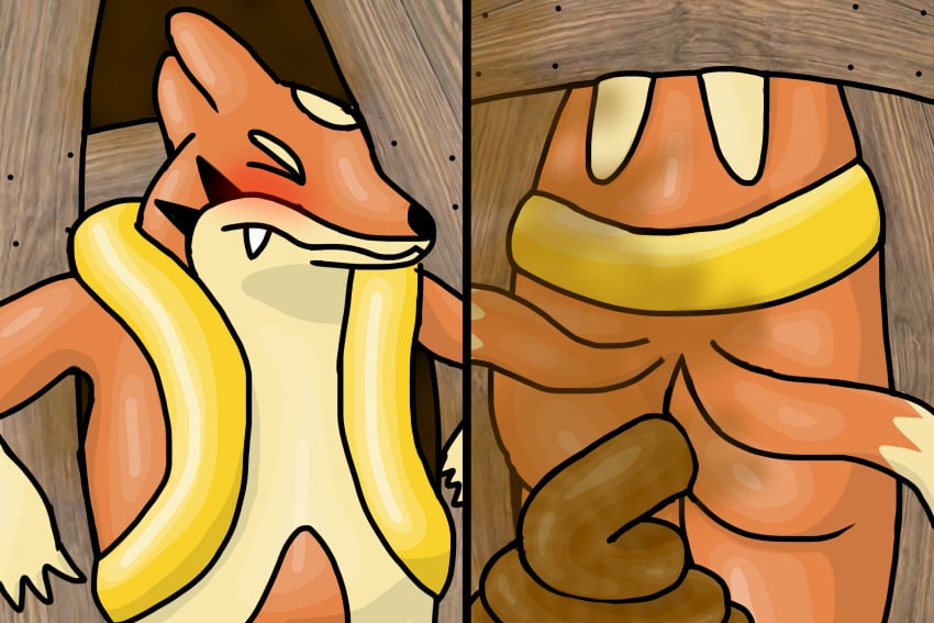 2_panel_comic 2_tails absurd_res ambiguous_gender anthro blush feces floatie floatzel fur generation_4_pokemon hi_res inflatable multi_tail nintendo orange_body orange_fur pixel-v pokemon pokemon_(species) scat solo stuck_in_door tail