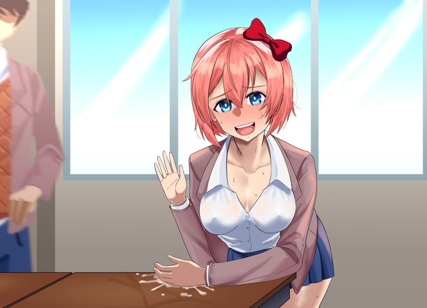 after_sex blush blush blushing_at_viewer doki_doki_literature_club embarrassed kahullt looking_at_viewer sayori_(doki_doki_literature_club) sitting waving waving_at_viewer