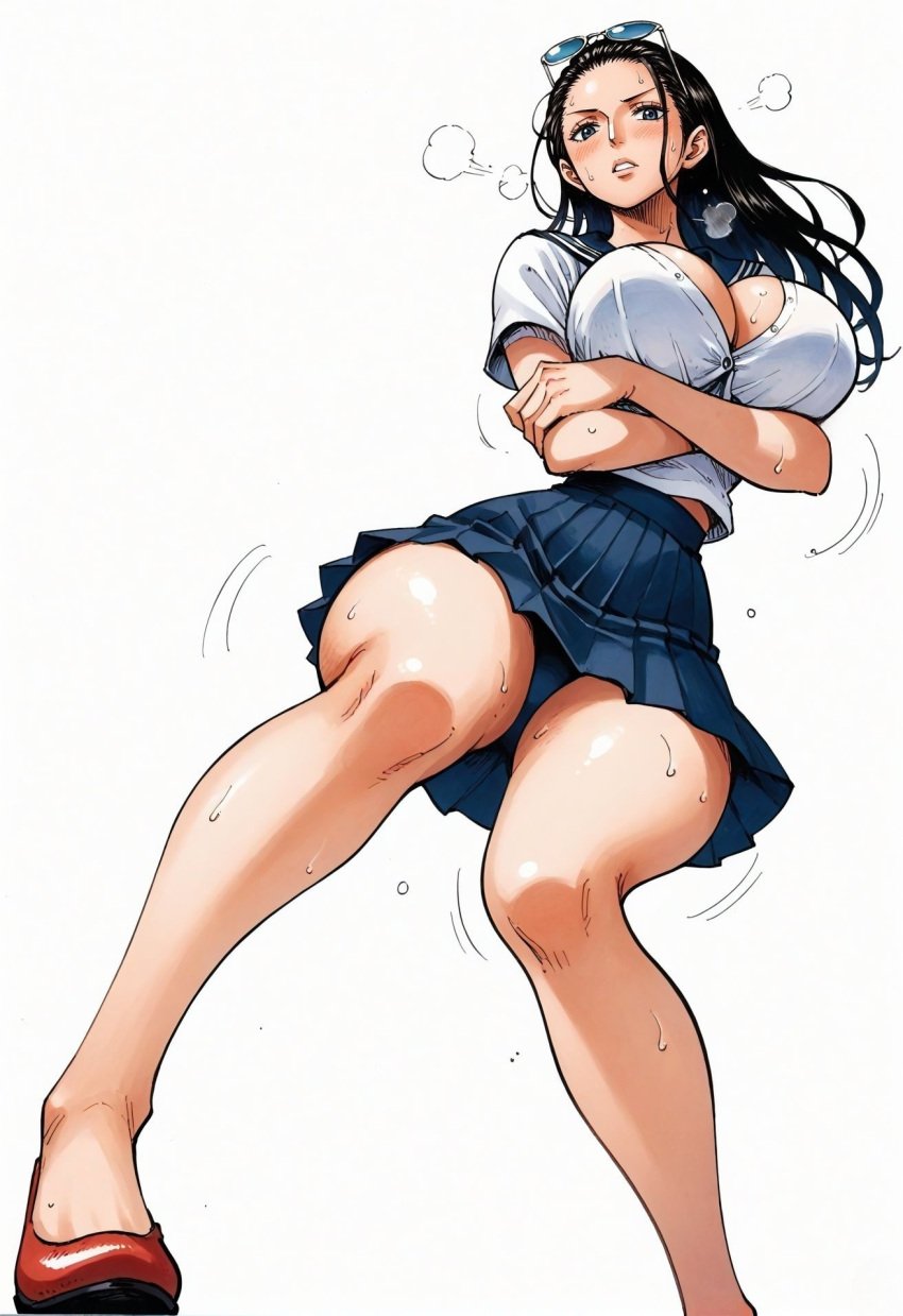 ai_generated alluring almost_naked almost_nude big_breasts blue_eyes blush breasts female female_only glasses glasses_on_head long_hair looking_at_viewer massive_breasts nico_robin one_piece school_girl school_uniform schoolgirl schoolgirl_uniform seducing seduction seductive seductive_body seductive_eyes seductive_gaze seductive_look seductive_mouth seductive_pose shiny_hair shiny_skin skirt sunglasses sunglasses_on_head sweat sweatdrop sweating sweaty sweaty_body uniform voluptuous voluptuous_female yashin