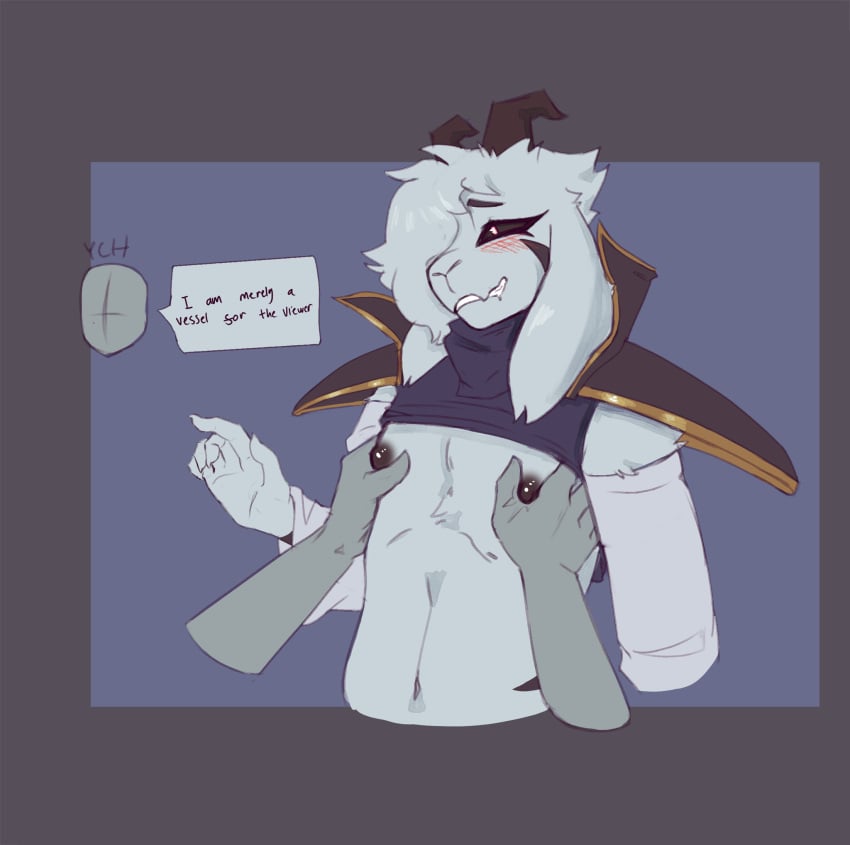 anon anthro arino asriel_dreemurr_(god_form) black_nipples black_sclera blush clothed clothing digital_media_(artwork) duo exposed_shoulder fur hi_res horn male nipple_fetish nipple_play nipples partially_clothed simple_background solo_focus text topwear undertale undertale_(series) white_body white_fur y/n ych ych_(character) you