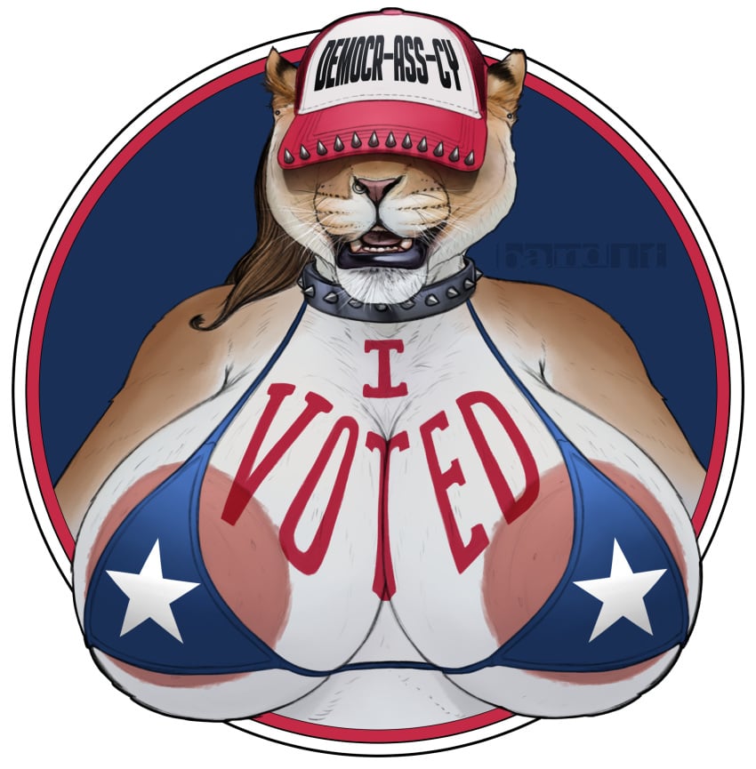 american_flag american_flag_bikini anthro band1tnsfw big_breasts bikini black_text breasts clothing collar digital_drawing_(artwork) digital_media_(artwork) ear_piercing english_text facial_piercing felid female flag_bikini fur hair hat headgear headwear hi_res huge_breasts jewelry lion looking_at_viewer m1lf_band1t_(band1tnsfw) mammal nose_piercing pantherine piercing pink_nose ponytail ponytail_over_shoulder portrait red_clothing red_hat red_headwear red_text simple_background solo spiked_collar spiked_hat spikes star swimwear tan_body tan_fur text tight_bikini tight_clothing tight_topwear topwear trucker_hat two-piece_swimsuit united_states_of_america vote whiskers white_body white_fur