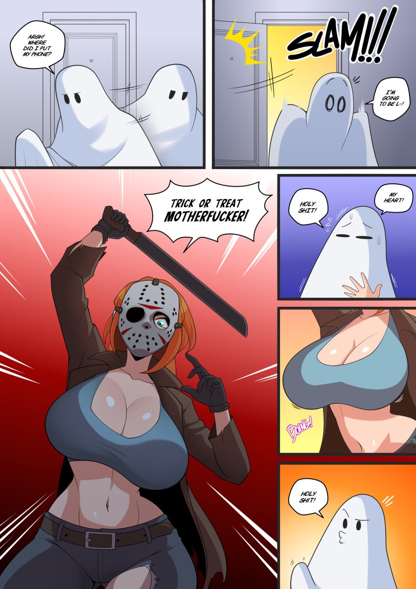 1boy 1girls absurd_res breasts cleavage cosplay costume english_text female female_focus halloween hi_res jason_voorhees_(cosplay) jenn_(parvad) large_breasts light-skinned_female light_skin mask midriff original parvad text