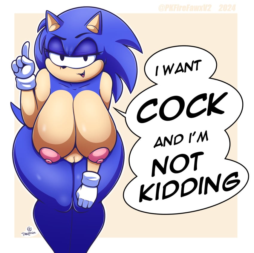 anthro areola biped blue_body breasts dialogue english_text eulipotyphlan eyelashes female genitals hair hedgehog hi_res looking_at_viewer mammal mtf_crossgender nipples open_mouth pkfirefawx pupils pussy rule_63 sega smile solo sonic_(series) sonic_the_hedgehog sonic_the_hedgehog_(series) sonique_the_hedgehog speech_bubble text thick_thighs