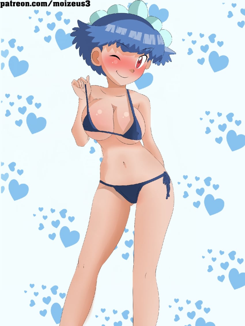 18++_(artist) big_breasts bikini blue_hair female_only miette_(pokemon) moizeus patreon pokemon red_eyes skinny smiling