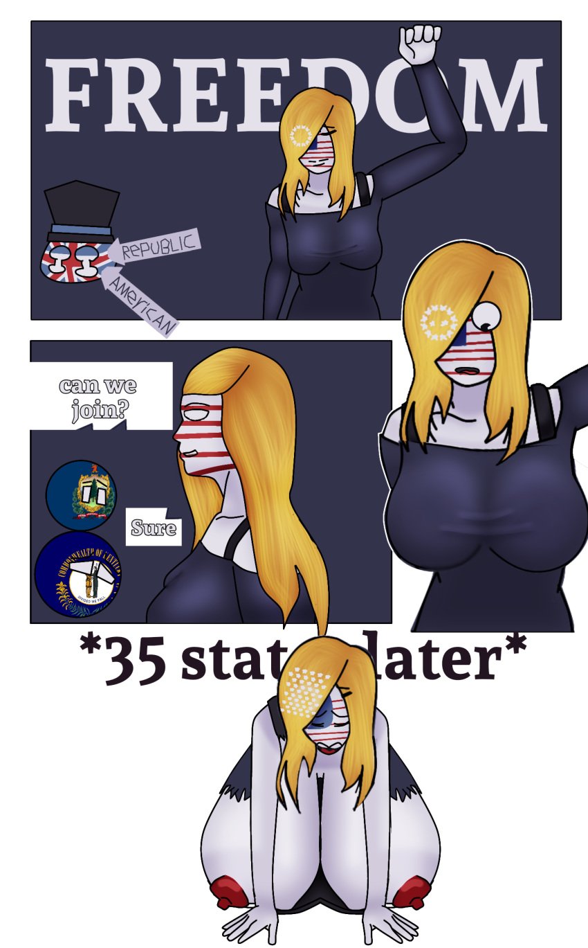 1girls big_breasts countryballs countryhumans countryhumans_girl kentucky_(countryhumans) red_nipples statehumans united_kingdom_(countryhumans) united_states_of_america_(countryhumans) vermont_(countryhumans) yellow_hair