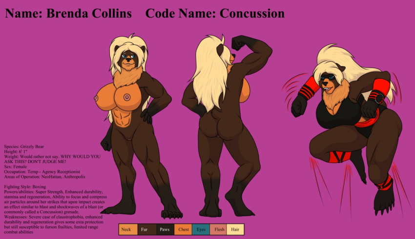 2019 anthro ass biped black_bra black_nose blonde_hair blue_eyes brenda_collins clothed clothing english_text female flexing genitals goliathcpg hair mammal model_sheet muscular nude purple_background pussy simple_background standing text ursid