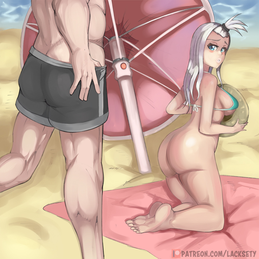 1boy 1girls barefoot beach beach_ball big_ass big_butt bikini_top blue_eyes blush bottomless bubble_ass bubble_butt cleavage clothed clothing fairy_tail feet feet_together female foot_fetish gray_fullbuster kneeling lacksety large_ass lipstick long_hair male micro_bikini mirajane_strauss no_panties ocean on_knee outdoors outside pale-skinned_female pale-skinned_male pale_skin pink_lips pink_lipstick pony revealing_clothes sideboob soles straight swimming_trunks swimsuit tied_hair toe_claws voluptuous white_hair