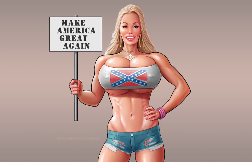 1girls 2020 big_breasts big_earrings bimbo blonde_hair blue_eyes booty_shorts breasts cleavage confederate_flag confederate_flag_shirt coxville_stories cross_necklace crucifix daisy_dukes denim denim_shorts earrings farmgirl female female_only hand_on_hip hands_on_hips holding_object holding_sign hoop_earrings huge_breasts jenny_summers large_breasts large_lips lipstick long_hair looking_at_viewer make_america_great_again makeup milf nail_polish nipples_visible_through_clothing no_bra no_panties politics shirt short_shorts shorts sign simple_background smile solo southern temogam tight_clothing wedding_ring