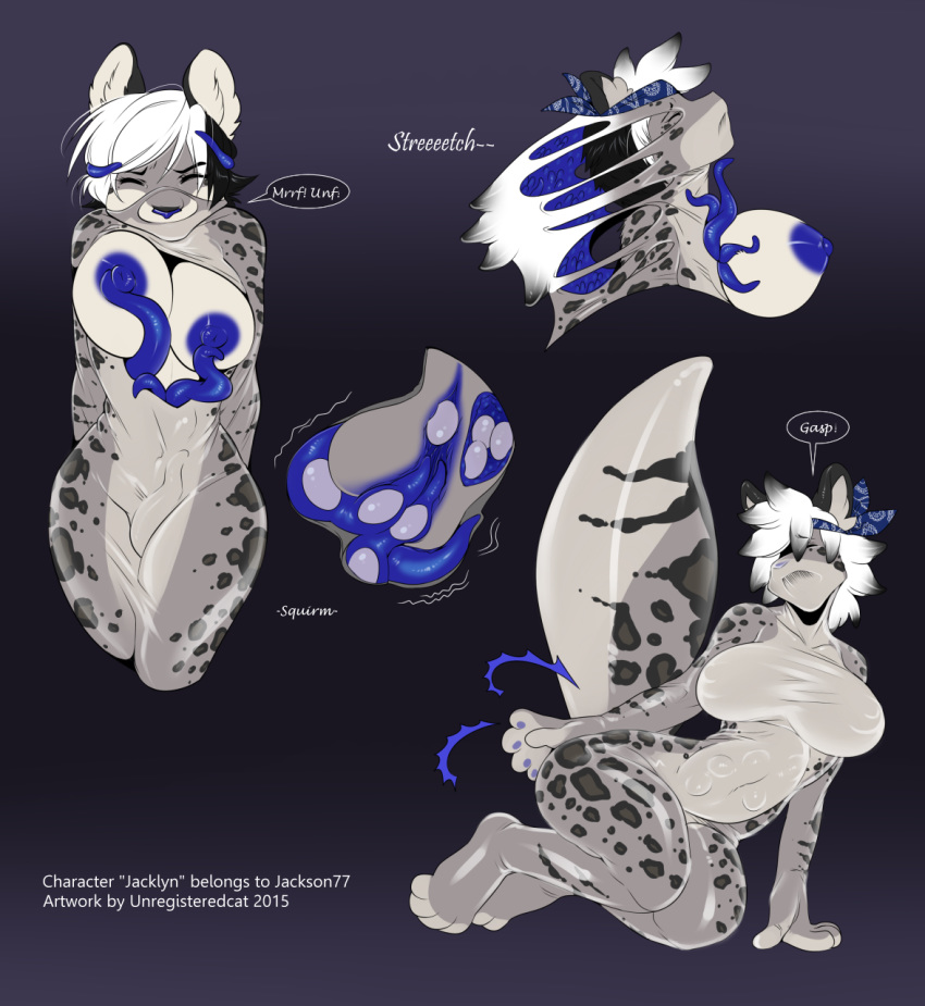 ambiguous_gender anthro areola blue_areola duo english_text felid female hi_res jackson77 living_clothing mammal pantherine snow_leopard suit_transformation symbiote tentacle text transformation unregisteredcat