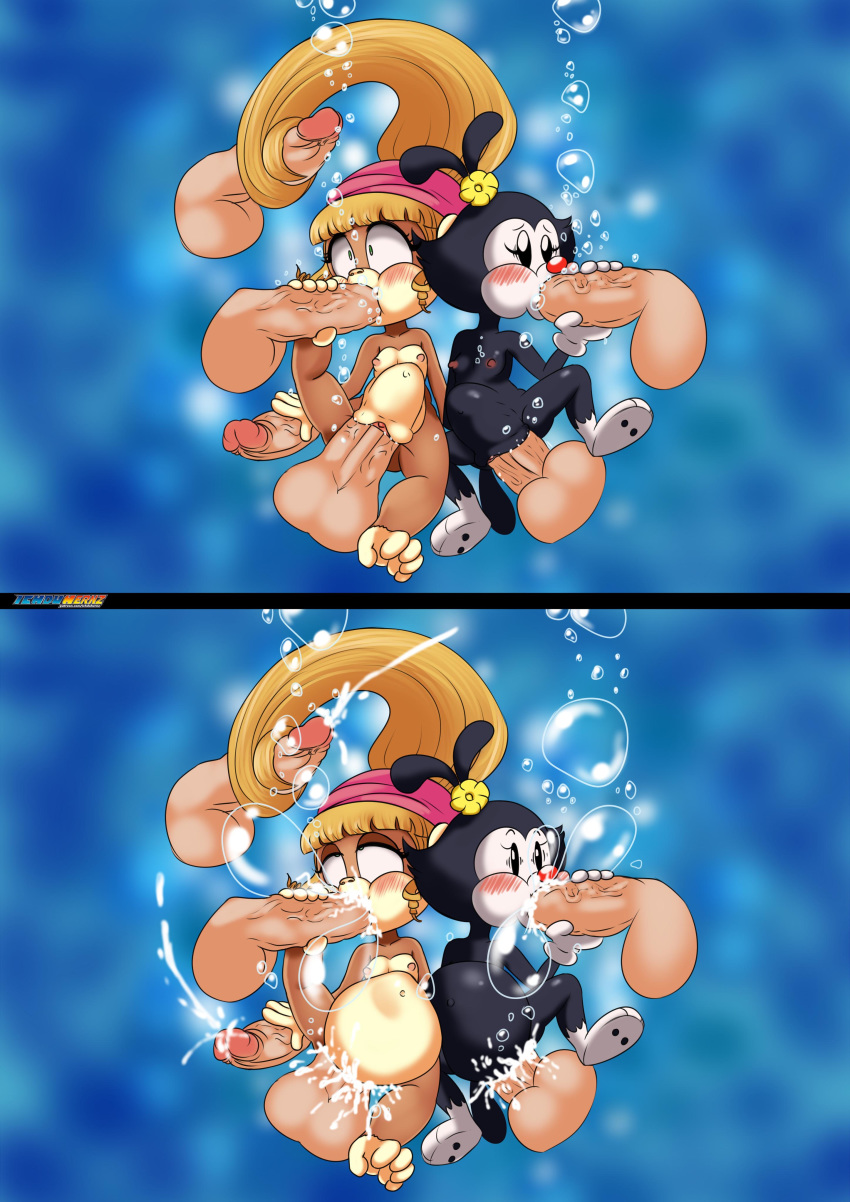 2girls 6boys abdominal_bulge absurd_res animaniacs anthro ape balls bodily_fluids breasts chimpanzee clothing crossover cum cum_in_pussy cum_inflation cum_inside disembodied_penis dixie_kong donkey_kong_(series) dot_warner duo_focus erect_nipples female genital_fluids genitals gloves group handwear haplorhine hat headgear headwear hi_res ichduhernz inflation inkblot male mammal multiple_boys nintendo nipples nude oral pan_(genus) penetration penis primate underwater vaginal vaginal_penetration video_games warner_brothers water