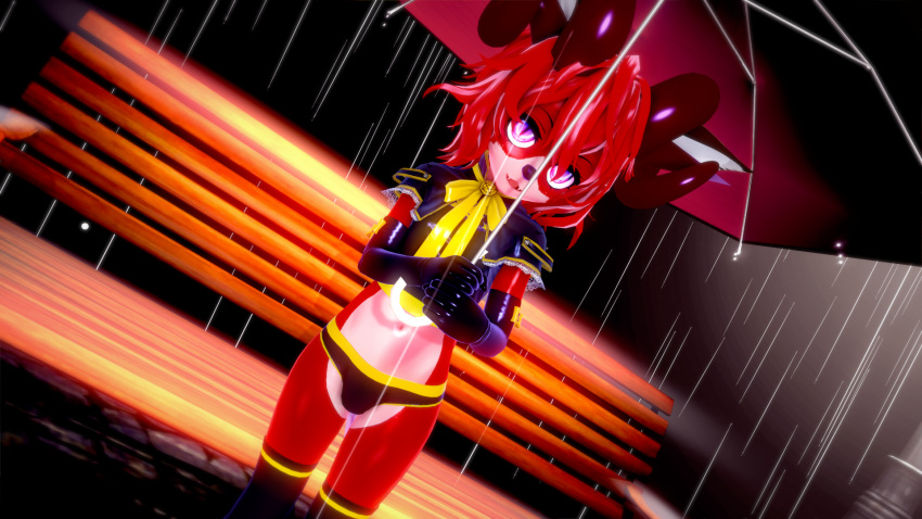 1boy 3d anthro bench demon_boy femboy fusionxglave hi_res horns jack_the_imp male male_only original_character rain seductive_eyes seductive_smile simple_background skimpy_clothes solo speedo thighhighs twink umbrella warmers