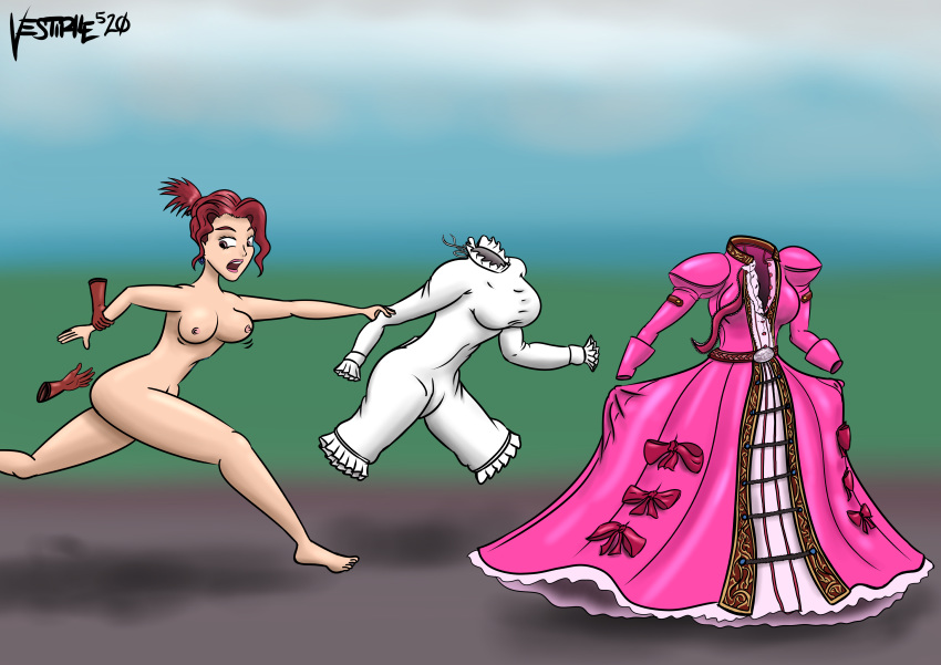 1girls absurd_res areolae bow breasts chasing clara_(skies_of_arcadia) dress enf feet female gloves living_clothes lost_clothes naked nipples nude open_clothes pink_dress png ponytail possessed_clothes princess_dress red_hair ribbon running skies_of_arcadia streaking unbuttoned underclothes vestiphile wardrobe_malfunction