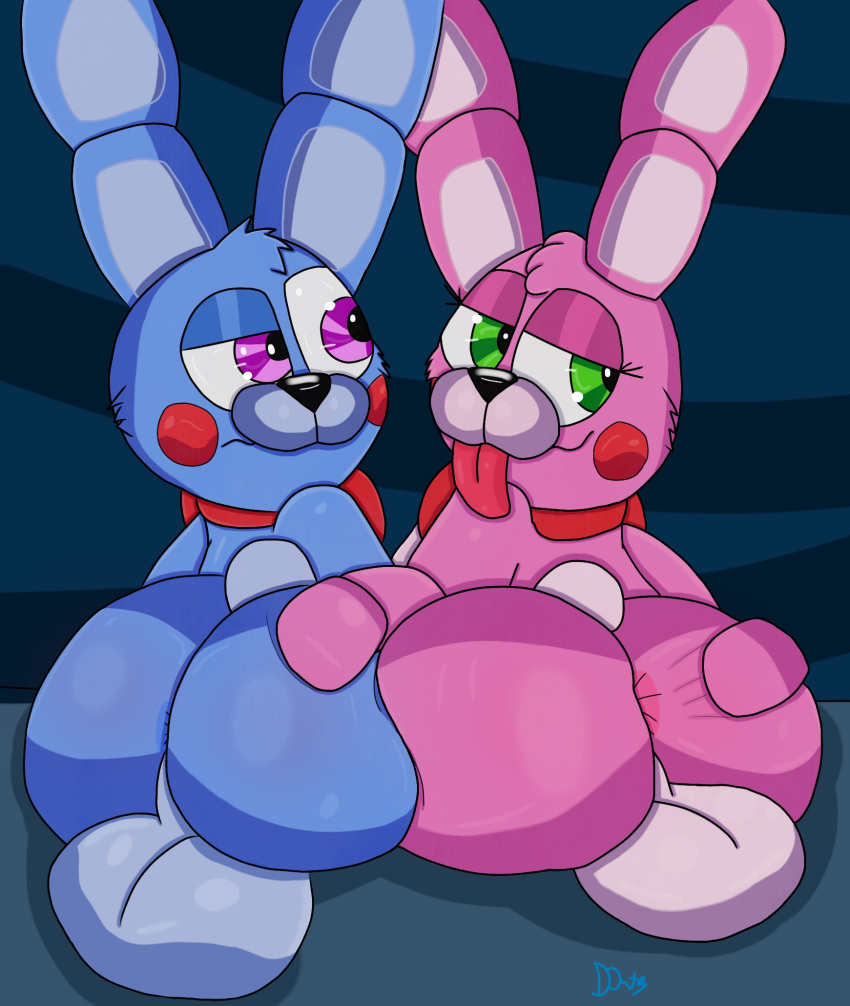 anthro anus ass balls big_ass big_balls big_butt blue_fur bonnet_(fnafsl) digital_media_(artwork) duo eyelashes five_nights_at_freddy's five_nights_at_freddy's:_sister_location fur furry futa_with_male futanari genitals half-closed_eyes lagomorph looking_back male_only pink_fur plushtrapboyuwu puppet_bonnie_(fnafsl) rabbit sister_location smile testicles thick_thighs tongue tongue_out video_games wide_hips