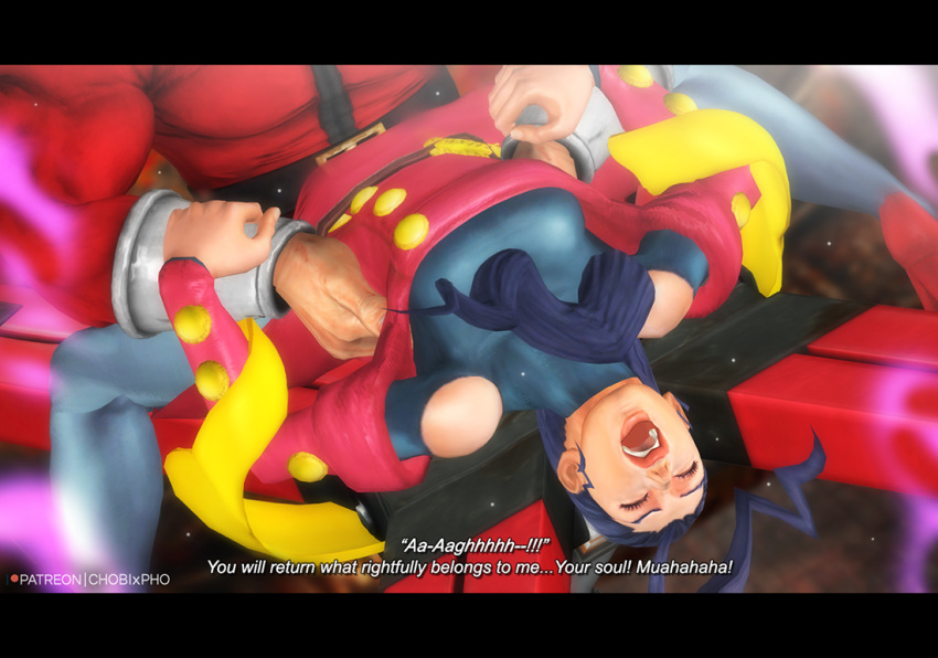 1boy 1girls 3d capcom chobixpho english_text m_bison moaning muscular_male purple_hair rape rose_(street_fighter) scarf sex street_fighter street_fighter_iv unseen_male_face