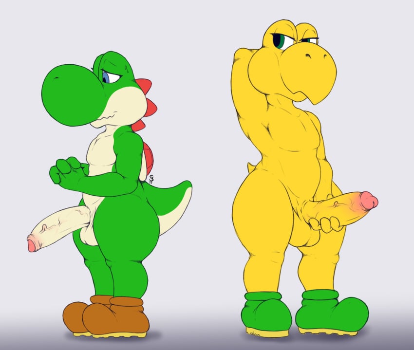 2boys balls duo erection foreskin genitals green_yoshi hand_on_penis humanoid_genitalia humanoid_penis koopa koopa_troopa male male_only mario_(series) nintendo nude penile penis pose reptile scalie simple_background squeeshy standing uncut video_games yoshi