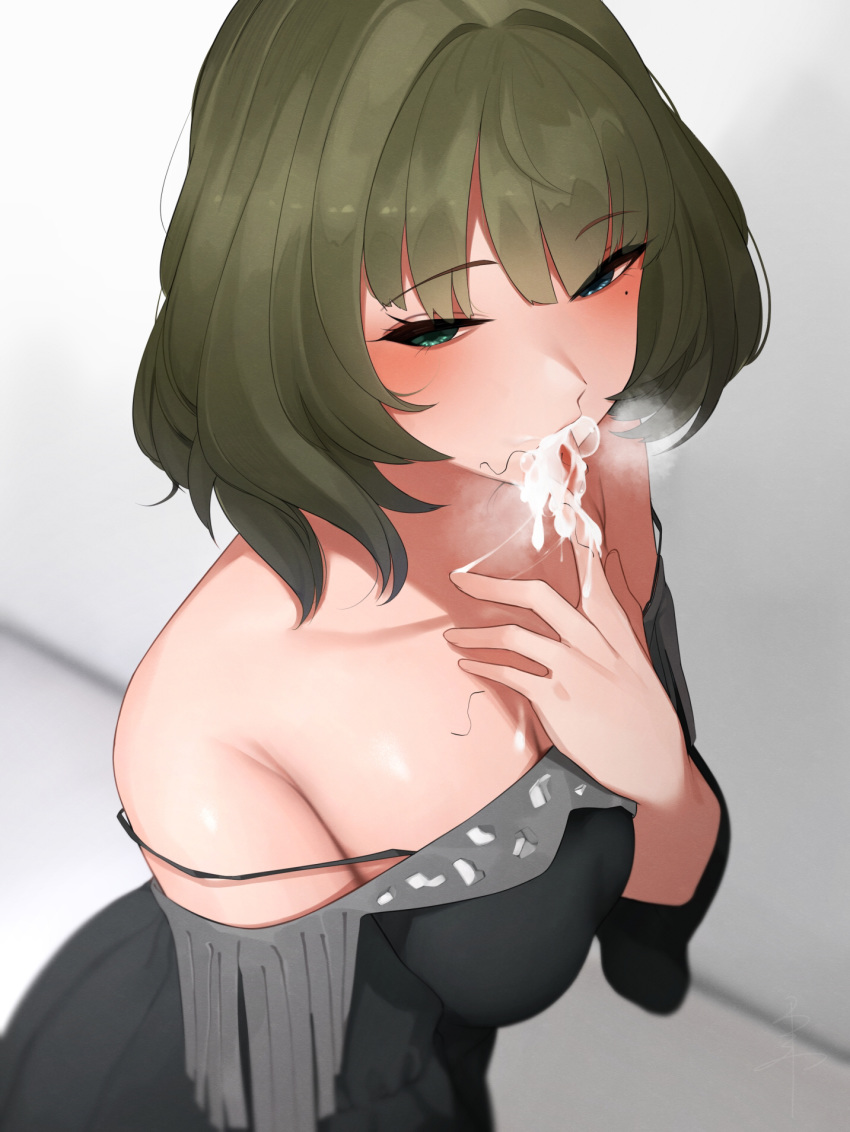 bangs blue_eyes blush breasts cleavage commentary_request cum cum_in_mouth eyebrows_visible_through_hair female green_eyes green_hair heterochromia highres idolmaster idolmaster_cinderella_girls long_hair mole mole_under_eye off_shoulder senju_(snz0) solo strap_slip stray_pubic_hair takagaki_kaede