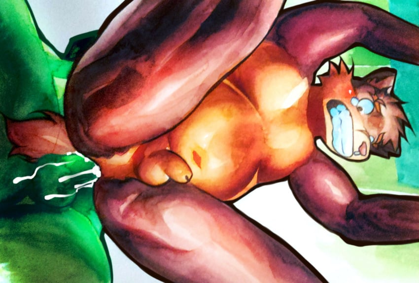 2020 anal anal_sex anthro ass balls blush bodily_fluids brown_body brown_fur canid canine canis chubby_male devil_turtle_(artist) domestic_dog duo fur genitals green_body green_skin group hi_res housamo male male/male mammal moritaka penetration penis slightly_chubby tears tokyo_afterschool_summoners video_games