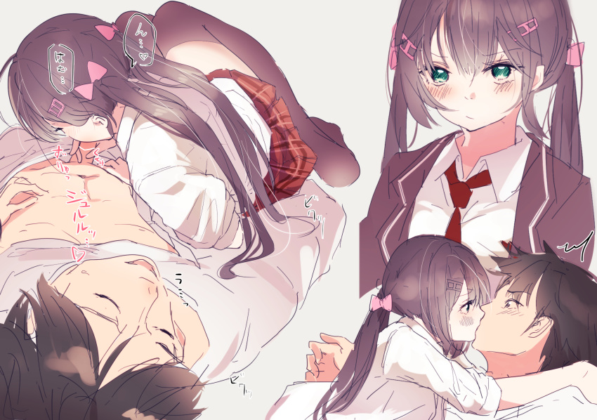 1boy 1girls azur_lane blush bow brown_hair fellatio female glasgow_(a_maid_in_class)_(azur_lane) glasgow_(azur_lane) hair_ornament hairbow hairclip highres kissing light-skinned_female light-skinned_male light_skin long_hair oral royal_navy_(azur_lane) sketch suwakana twintails uniform