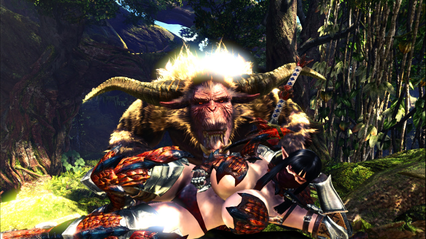 1boy 1girls 1monster anthro armor hime_cut horns huge_breasts laying_down male mask monster_hunter_world outdoors pointy_ears rajang rathalos_(armor) red_eyes screencap skimpy_armor weapon