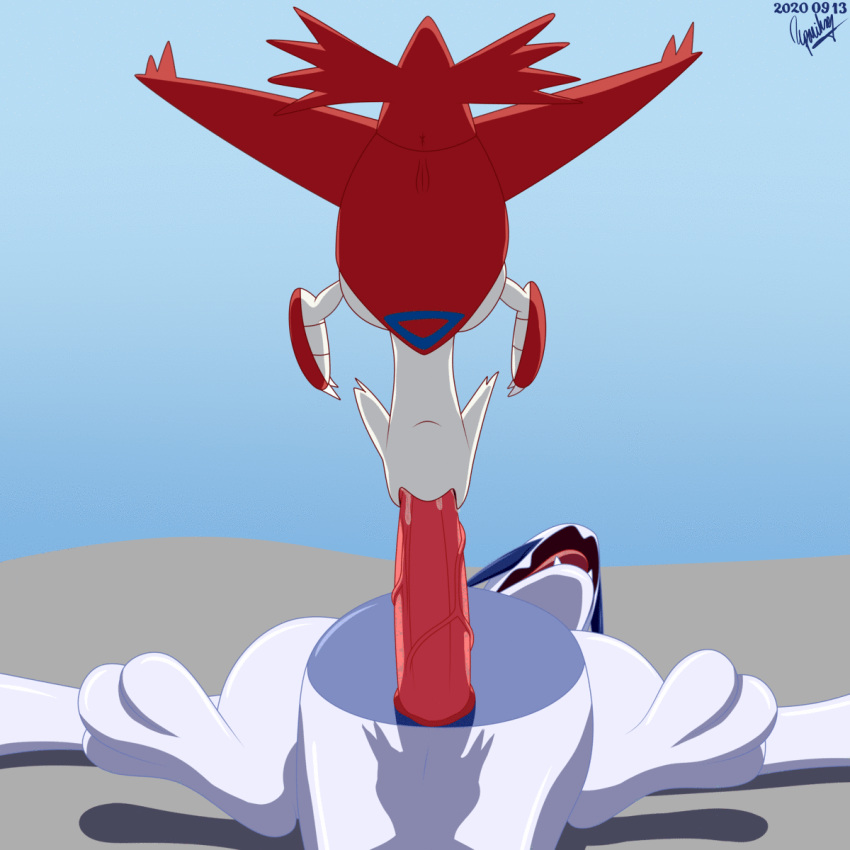 1:1 2020 3_toes animated avian awkward_pose bodily_fluids cel_shading closed_eyes duo eparihser erection fellatio female feral feral_on_feral frame_by_frame furry genital_fluids genitals hi_res humor latias legendary_pokémon looking_pleasured loop lugia lying male male_penetrating nintendo on_back oral oral_penetration penetration penile penis pink_penis pokemon pokemon_(species) pokemon_focus precum sex short_playtime simple_background spinning straight toes vein veiny_penis video_games