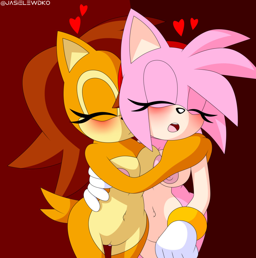 2girls amy_rose animal_ears belly belly_button blush breasts brown_background brown_fur brown_hair chest chipmunk clitoris closed_eyes cuddling ear eyelashes female hairband headband heart hedgehog hugging inkbunny jasielewdko jasienorko kissing lesbian love medium_breasts multiple_girls naked nipples nude nude_female open_mouth pink_fur pink_hair playful pussy sally_acorn seductive snuggling sonic_(series) sonic_the_hedgehog_(series) squirrel stomach tail vagina yuri