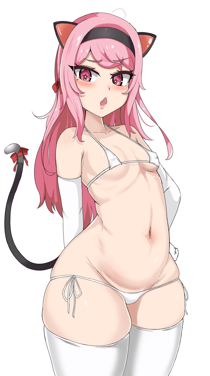 bikini blush cat_ears cat_tail eyebrows_visible_through_hair kimwangjyang original original_character pink_hair small_breasts thighhighs