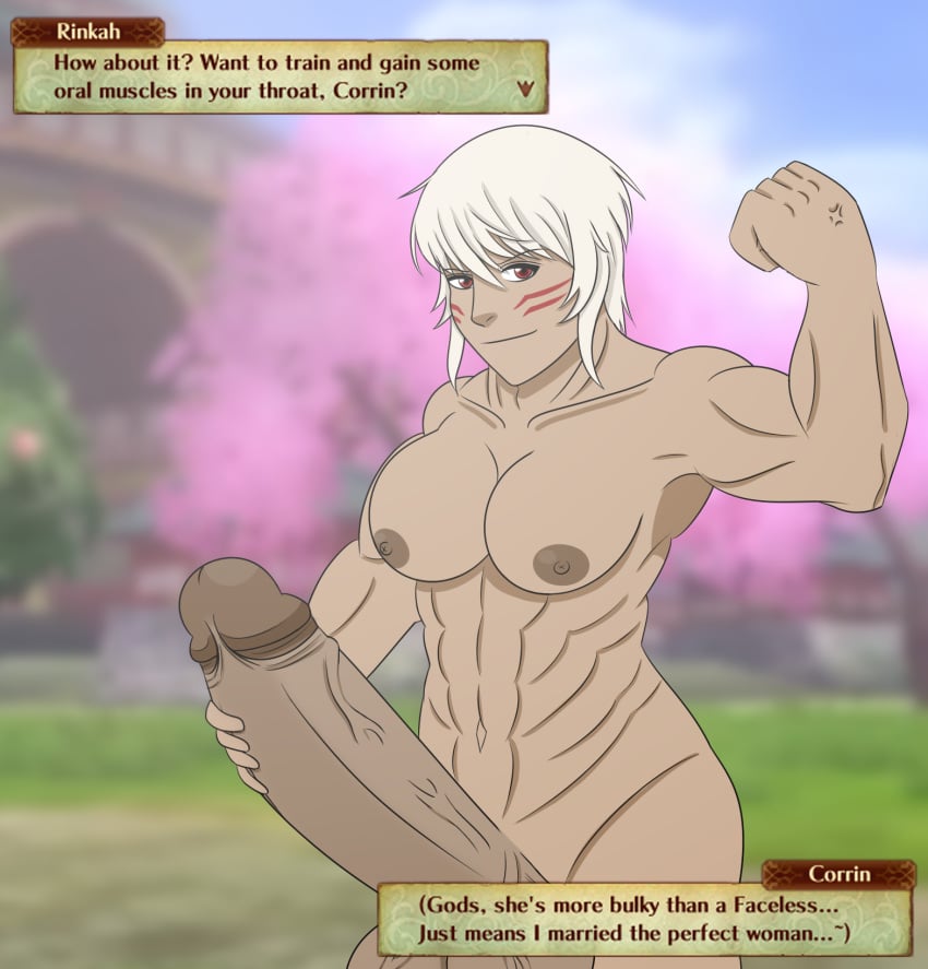 1futa abs biceps big_breasts brown_skin corrin_(fire_emblem) corrin_(fire_emblem)_(male) dark_skin eroticaquatic fire_emblem fire_emblem_fates futa_only futanari large_penis markings muscular_futanari red_eyes rinkah_(fire_emblem) short_hair solo veiny_penis veiny_testicles white_hair