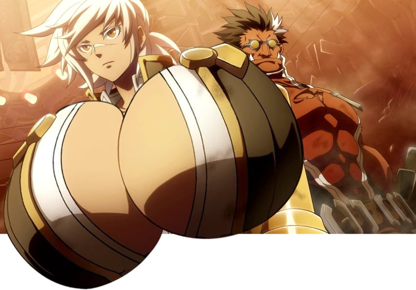 1boy 1girls big_breasts blazblue blazblue:_central_fiction breasts brown_body bullet bullet_(blazblue) edit edited fangs glasses huge_breasts iron_tager muscles photoshop red_body redwizard scar short_hair spiky_hair standing tomboy white_hair yellow_eyes