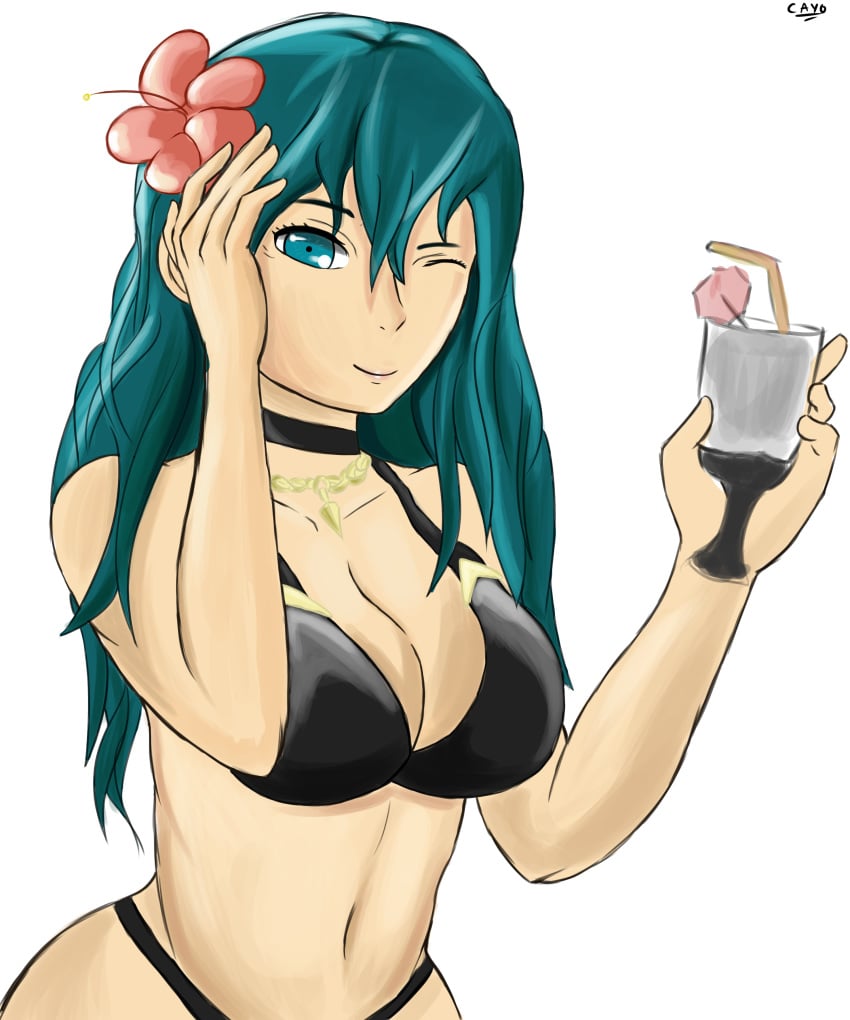 big_breasts bikini blue_hair byleth_(fire_emblem) byleth_(fire_emblem)_(female) byleth_(summer)_(fire_emblem)_(female) cayo_(artist) female female_only fire_emblem fire_emblem:_three_houses fire_emblem_heroes flower necklace simple_background white_background