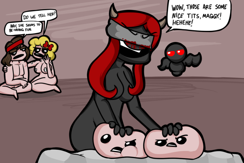 ass bandage bandana blindfold blonde_hair blood bow breasts brown_hair demon female horns leathericecream lilith_(the_binding_of_isaac) magdalene_(the_binding_of_isaac) red_hair samson_(the_binding_of_isaac) the_binding_of_isaac wings