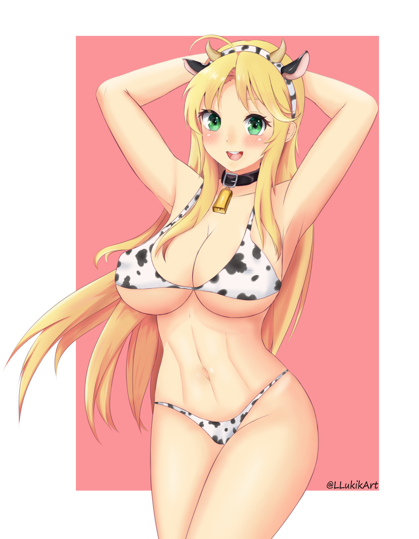 abs bell big_breasts blonde_hair blush collar cow_bikini cow_ears cow_girl cow_girl_outfit cow_horns cow_print cow_print_bikini cowbell green_eyes katsuragi_(senran_kagura) llukik senran_kagura senran_kagura_(series)