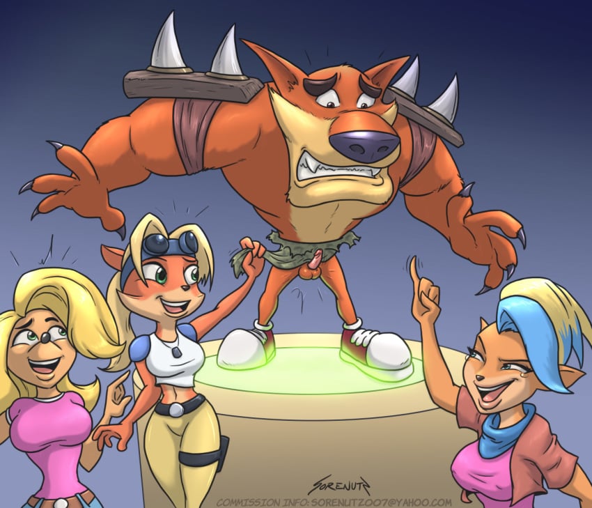 activision anthro assisted_exposure balls bandicoot clothed clothed/nude clothed_female_nude_male clothing coco_bandicoot crash_(series) dasyuromorph embarrassed exhibitionism female genitals group hi_res humiliation larger_male laugh male mammal marsupial muscular nude pantsing penis pinky_out pirate_tawna small_balls small_penis small_penis_humiliation sorenutz straight tawna_bandicoot tawna_bandicoot_(crash_4) thylacine tiny_tiger video_games