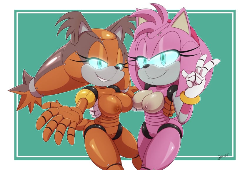 2girls 92 amy_rose amy_rose_(boom) anthro badger bigdon1992 breasts cybernetics cyborg digital_media duo eulipotyphlan female female_focus female_only genitals hi_res looking_at_viewer machine mammal metal_amy metal_sticks_the_badger multiple_girls mustelid musteline nipples nude pink_body pussy robot sega simple_background smile sonic_(series) sonic_boom sonic_the_hedgehog_(series) sticks_the_badger sticks_the_jungle_badger sticks_the_tejon