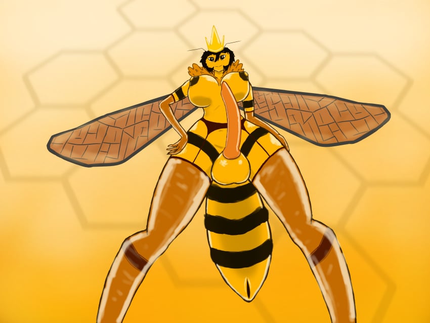 1futa anthro areolae bee big_breasts big_penis dark_hair furry futa_only futanari gynomorph hand_on_hip humanoid hymenopteran insect_wings insects intersex looking_at_viewer pov queen_bee simple_background solo solo_futa stockings wings wonderloh1 yellow_body