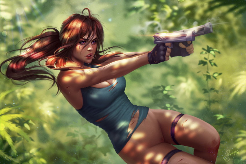 bottomless brown_hair casual casual_exposure female female_protagonist firearm handgun human lara_croft lara_croft_(l.a.u.) pale_skin prywinko pussy shaved_pussy tomb_raider vagina weapon