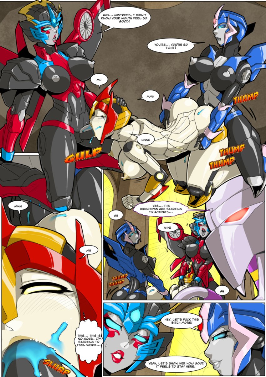 1girls 1other 2futas ambiguous_gender arcee armour ass autobot big_ass big_breasts blowjob blue_cum blue_eyes breasts comic comic_page cybertronian double_penetration fellatio female futa_sans_balls futanari hasbro helmet mad-project mistress_of_flame multicolored_body nipples oral oral_penetration oral_sex penis pussy quintesson red_eyes sex sound_effects spitroast text text_bubble thick_penis thick_thighs transformers transformers_idw transformers_prime vaginal vaginal_penetration windblade yellow_eyes