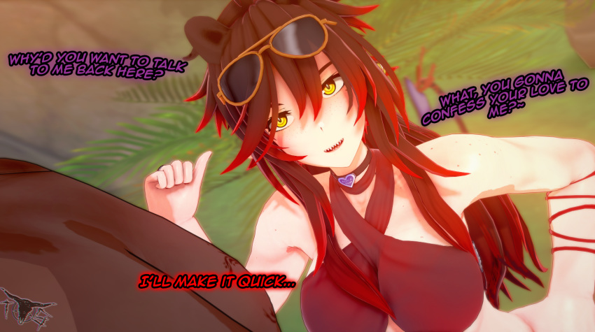 1boy 1girls black_hair dark-skinned_male demon demon_girl female interracial koikatsu long_hair male outside red_hair sunglasses sunglasses_on_head the_slayer two_tone_hair yellow_eyes